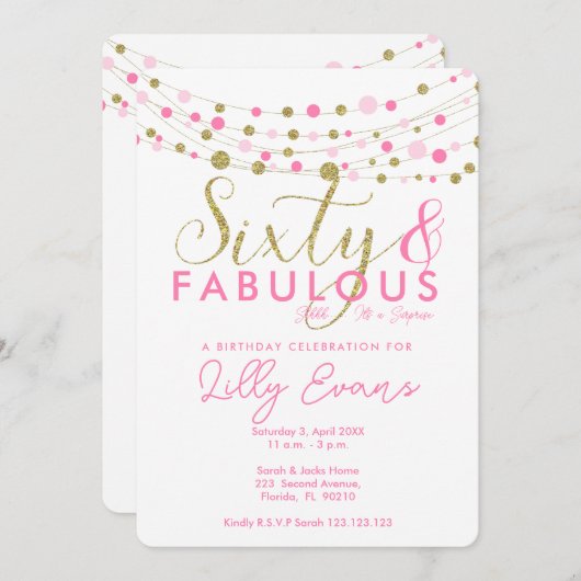 60e verjaardag feestuitnodiging, roze en goud kaart (Voorkant / Achterkant)