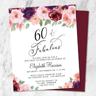 60e verjaardag Floral Burgundy Pink Uitnodiging