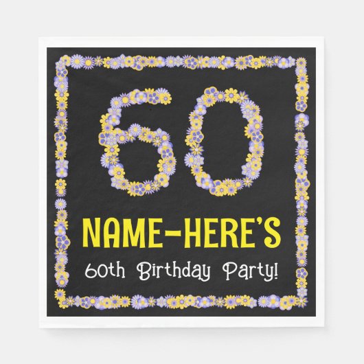 60e verjaardag: Floral Flowers Number, Custom Name Servet (Voorkant)