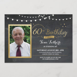 60e verjaardag Foto Chalk Rustic Gold Invitation Kaart