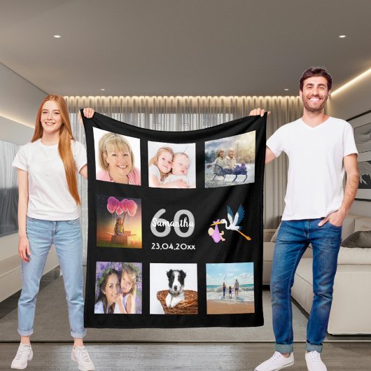 60e verjaardag foto collage zwart fleece deken