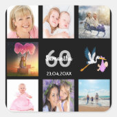 60e verjaardag foto collage zwart vierkante sticker (Voorkant)