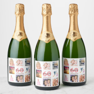 60e verjaardag fotocollage monogram sparkling wijnetiket
