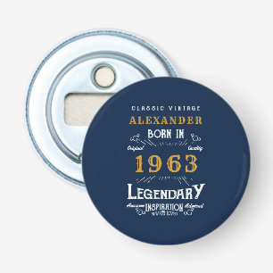 60e verjaardag Geboren in 1963 Legend Blue Gold Re Button Flesopener