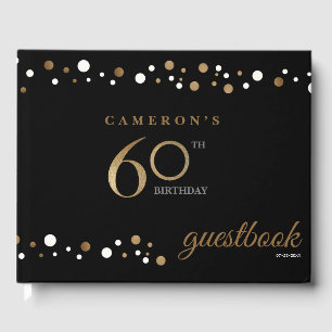 60e verjaardag gouden confetti en zwart gepersonal gastenboek