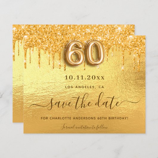 60e verjaardag gouden glitters bewaar de datum kaa (Voorkant / Achterkant)