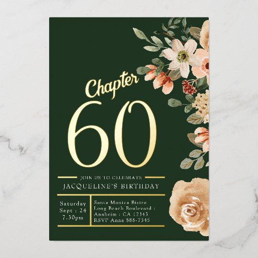60e verjaardag  groen Floral Gold Folie Uitnodiging (Voorkant)