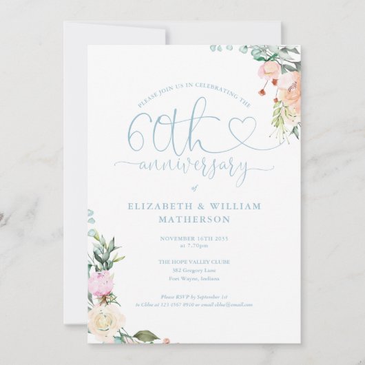 60e verjaardag Hart Script Bloem Monogram Kaart (Voorkant)
