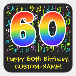 60e verjaardag: Kleurrijke muzieksymbolen, regenbo Vierkante Sticker