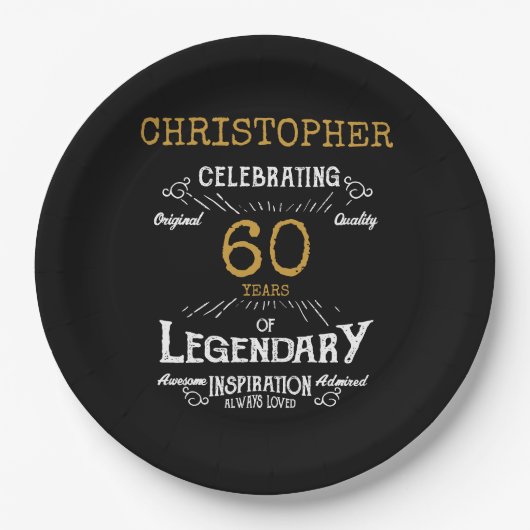 60e verjaardag Legendary Zwart Goud Retro Papieren Bordje (Voorkant)