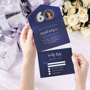 60e Verjaardag marine blauw zilver foto rsvp All In One Uitnodiging