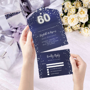60e Verjaardag marineblauw zilveren sterren rsvp All In One Uitnodiging