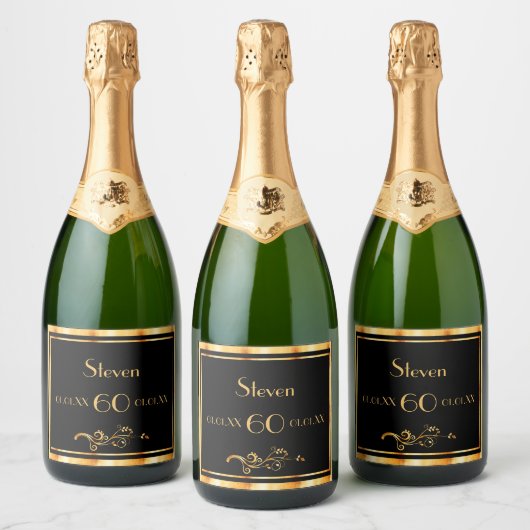 60e verjaardag met elegant zwart en goud sparkling wijnetiket (Flessen)