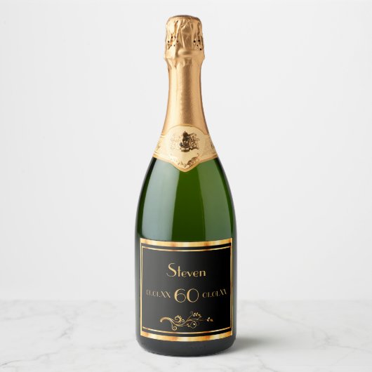 60e verjaardag met elegant zwart en goud sparkling wijnetiket (Voorkant)