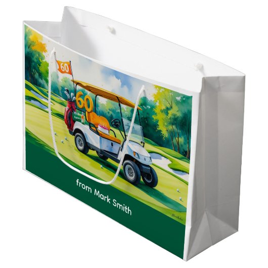 60e verjaardag met golfkar waterverf groot cadeauzakje (Voorkant Gekanteld)