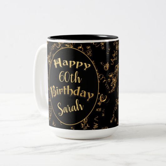 60e verjaardag Mok in zwart-wit en goud (Voorkant links)