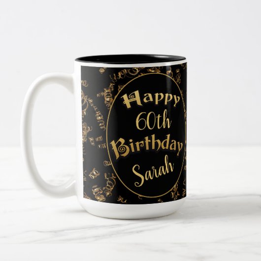 60e verjaardag Mok in zwart-wit en goud (Links)