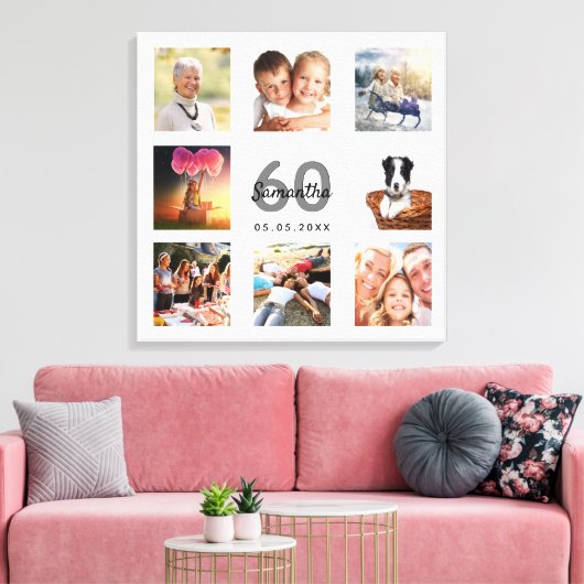 60e verjaardag: Monogram voor het collage van witt Canvas Afdruk (Insitu (Woonkamer))