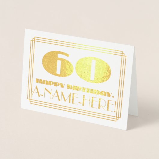 60e verjaardag; naam + Art Deco geïnspireerd look Folie Kaarten (Voorkant)