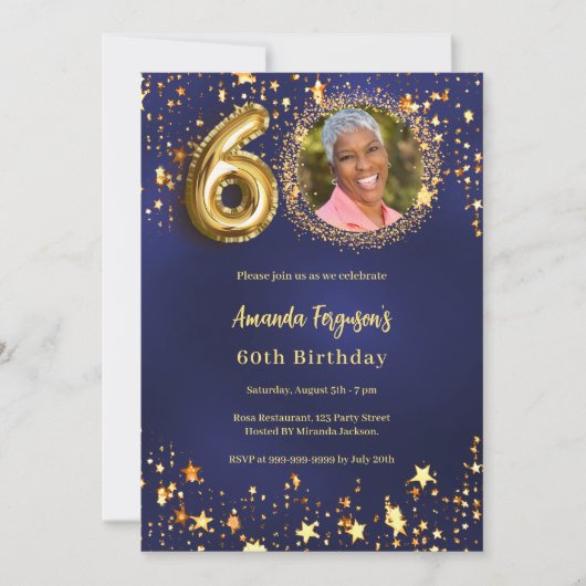 60e verjaardag navy blauw goud sterren foto kaart (Voorkant)