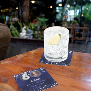 60e verjaardag navy blauw zilveren sterren foto vierkante kartonnen onderzetter