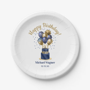 60e verjaardag Navy Blauwe Ballon Cake Papieren Bordje