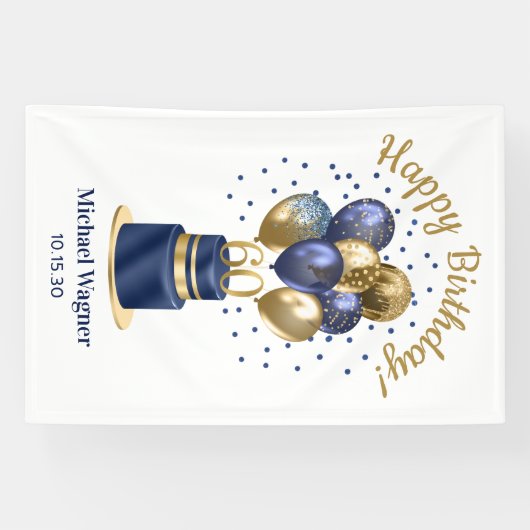 60e verjaardag Navy Blue Balloon Cake Spandoek (Horizontaal)