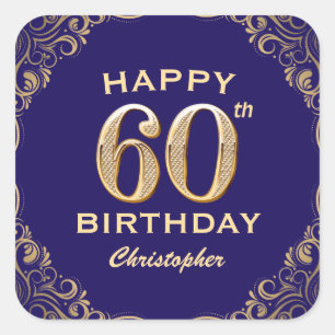 60e verjaardag Navy Blue en Gold Glitter Vierkante Sticker