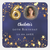 60e verjaardag navyblauw gouden sterren foto vierkante sticker (Voorkant)