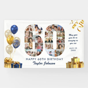 60e Verjaardag Nummer 60 Foto Collage Wit Goud Spandoek
