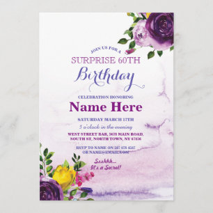 60e verjaardag Paarse Floral Pink Invite Kaart