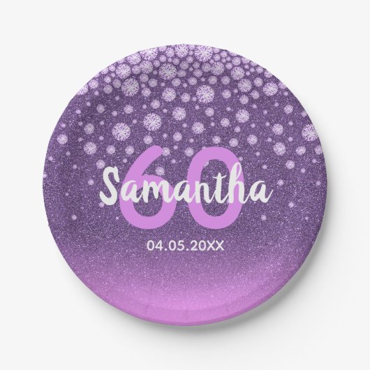 60e verjaardag paarse roze glitter naam papieren bordje (Voorkant)