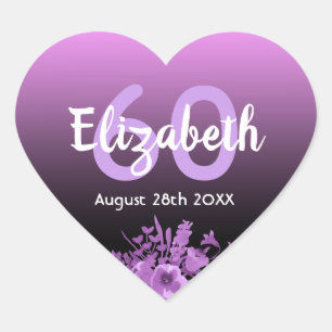 60e verjaardag paarse zwarte bloemen hart sticker
