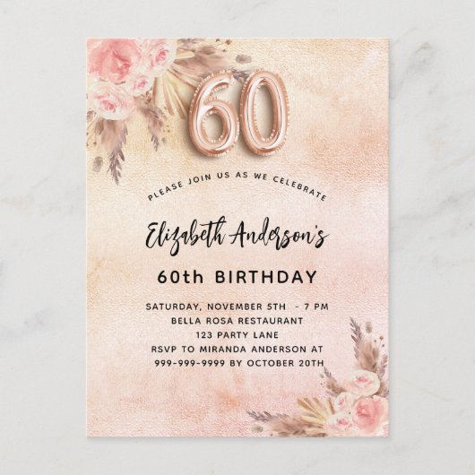 60e verjaardag pampas roos goudbloemen uitnodiging briefkaart (Voorkant)