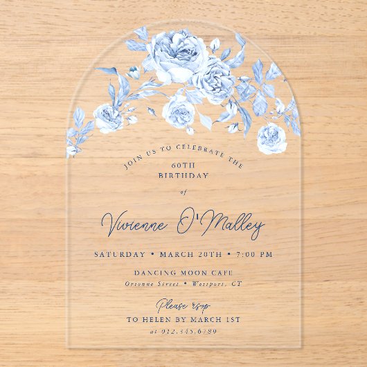 60e Verjaardag Party Dusty Blue Roos Bloemenboog Acryl Uitnodigingen (Voorkant)