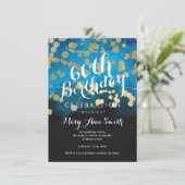 60e Verjaardag Party Gold Glitter Blue Waterverf Kaart (Staand voorkant)