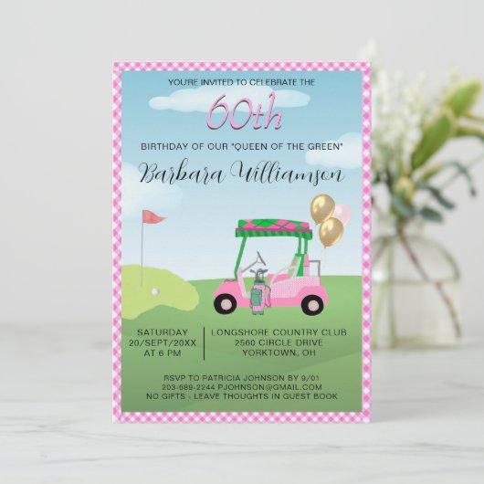 60e verjaardag Party Lady Golfer thema uitnodiging (Staand voorkant)