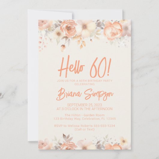 60e Verjaardag Party Perzik Beige Ivoor Bloemen Kaart (Voorkant)