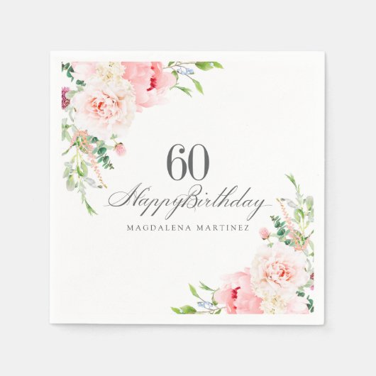 60e Verjaardag Party Supplies Roze Bloemen Custom Servet (Voorkant)