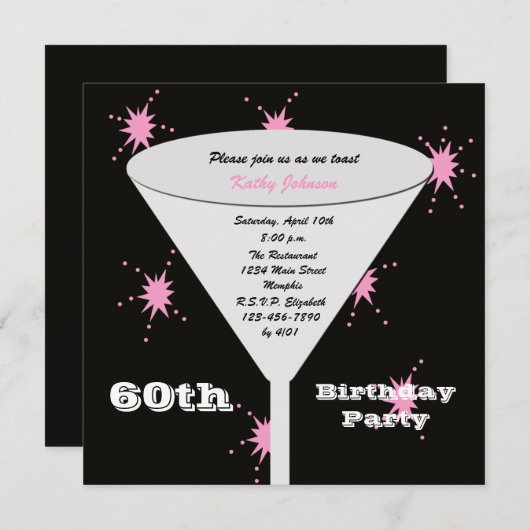 60e verjaardag Party uitnodiging Roze 60e Toast (Voorkant / Achterkant)