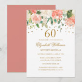 60e verjaardag Peach Gold Floral Invitation Kaart (Voorkant / Achterkant)