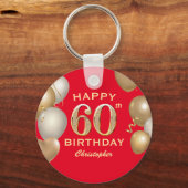 60e verjaardag Rode en gouden ballonnen op de Rode Sleutelhanger (Voorkant)