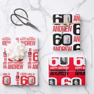 60e verjaardag rood wit blik 60 douanefoto naam inpakpapier vel