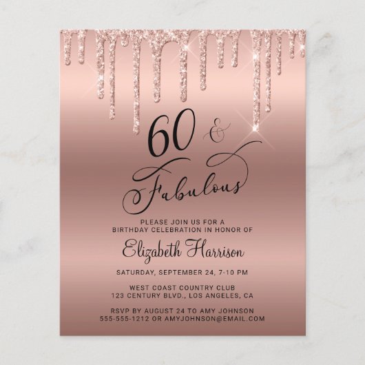 60e verjaardag Roos Gold Glitter Uitnodiging (Voorkant)