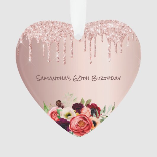 60e verjaardag roos goud glitter druppelt roze flo ornament (voorkant)