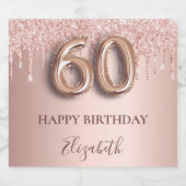 60e verjaardag roos gouden glitter roze ballonstij sparkling wijnetiket (Enkel label)