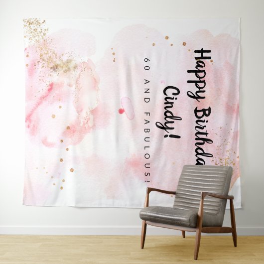 60e verjaardag, roze en gouden achtergrond wandkleed (In Situ (horizontaal))