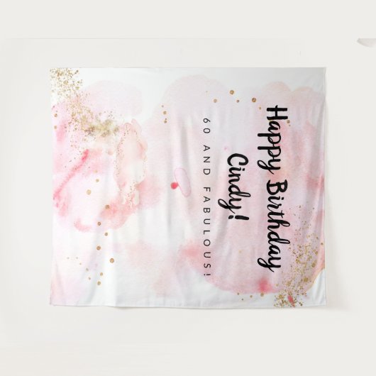 60e verjaardag, roze en gouden achtergrond wandkleed (Voorkant (horizontaal))