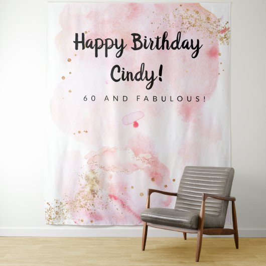 60e verjaardag, roze en gouden achtergrond wandkleed (In situ)