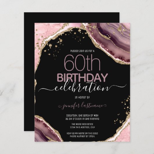 60e verjaardag Roze Paarse Agate Budget Uitnodigin (Voorkant / Achterkant)